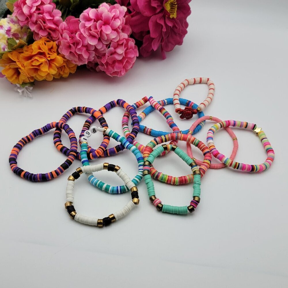 Multicolor Heishi Bracelet Stretch Polymer Clay Lot Of 12-Piece